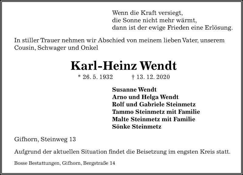  Traueranzeige für Karl-Heinz Wendt vom 16.12.2020 aus Aller Zeitung
