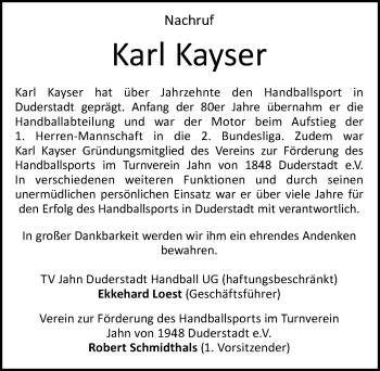 Traueranzeige von Karl Kayser von Eichsfelder Tageblatt