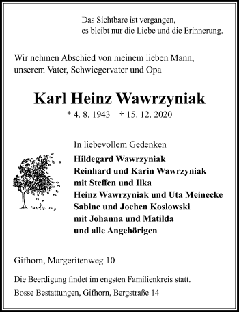Traueranzeige von Karl Heinz Wawrzyniak von Aller Zeitung