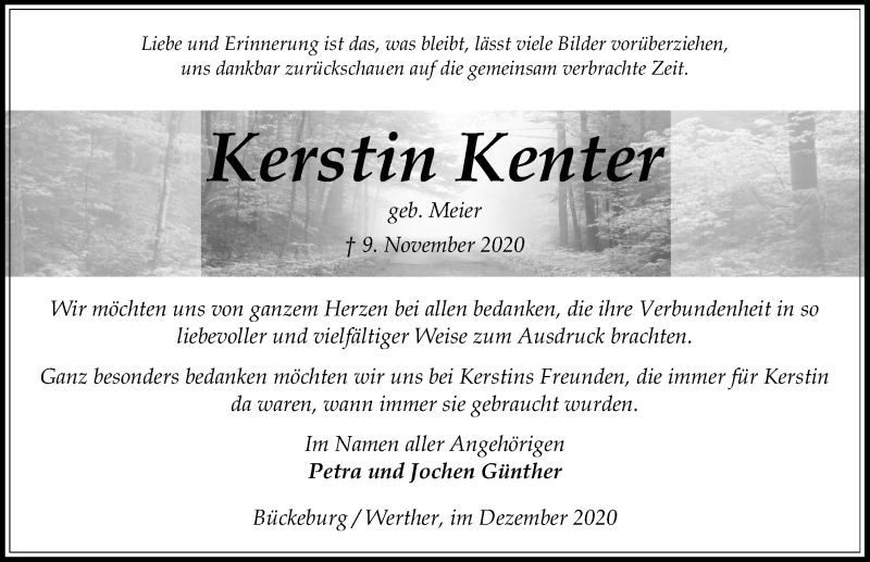  Traueranzeige für Kerstin Kenter vom 12.12.2020 aus Schaumburger Nachrichten