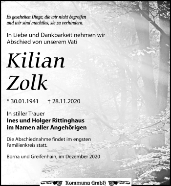 Traueranzeige von Kilian Zolk von Leipziger Volkszeitung