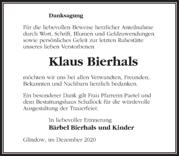 Traueranzeige von Klaus Bierhals von Märkischen Allgemeine Zeitung