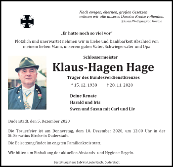 Traueranzeige von Klaus-Hagen Hage von Göttinger Tageblatt
