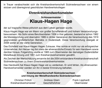 Traueranzeige von Klaus-Hagen Hage von Göttinger Tageblatt