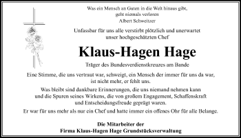 Traueranzeige von Klaus-Hagen Hage von Göttinger Tageblatt