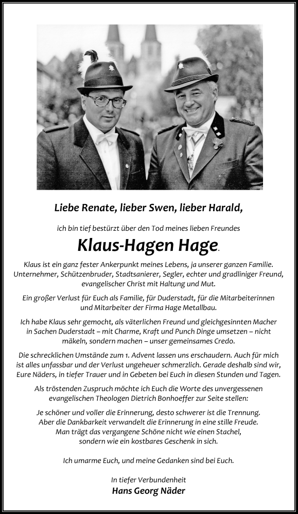  Traueranzeige für Klaus-Hagen Hage vom 11.12.2020 aus Eichsfelder Tageblatt