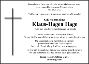 Traueranzeige von Klaus-Hagen Hage von Göttinger Tageblatt