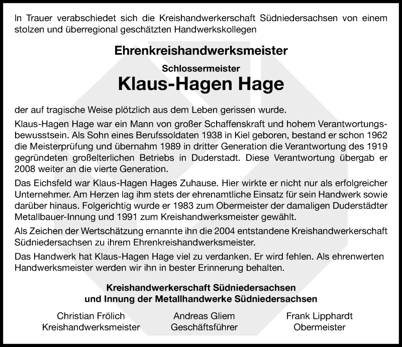  Traueranzeige für Klaus-Hagen Hage vom 05.12.2020 aus Göttinger Tageblatt