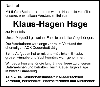 Traueranzeige von Klaus-Hagen Hage von Eichsfelder Tageblatt