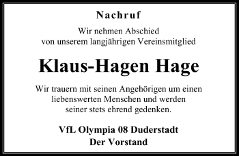 Traueranzeige von Klaus-Hagen Hage von Eichsfelder Tageblatt
