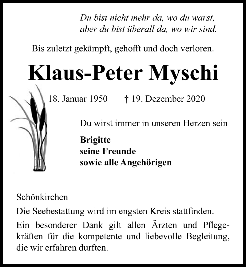  Traueranzeige für Klaus-Peter Myschi vom 23.12.2020 aus Kieler Nachrichten