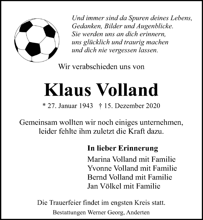  Traueranzeige für Klaus Volland vom 19.12.2020 aus Hannoversche Allgemeine Zeitung/Neue Presse