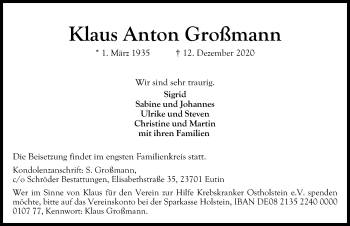 Traueranzeige von Klaus Anton Großmann von Lübecker Nachrichten