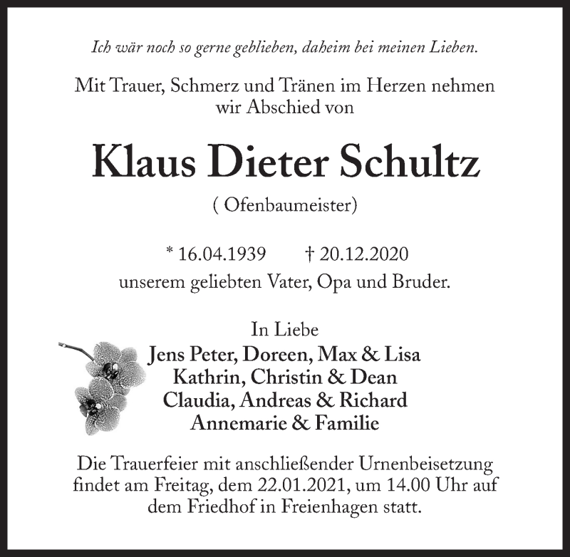  Traueranzeige für Klaus Dieter Schultz vom 29.12.2020 aus Märkischen Allgemeine Zeitung