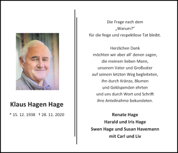 Traueranzeige von Klaus Hagen Hage von Göttinger Tageblatt