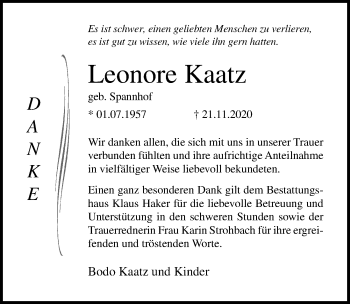 Traueranzeige von Leonore Kaatz von Ostsee-Zeitung GmbH