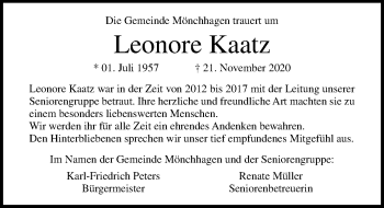 Traueranzeige von Leonore Kaatz von Ostsee-Zeitung GmbH