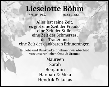 Traueranzeige von Lieselotte Böhm von Göttinger Tageblatt