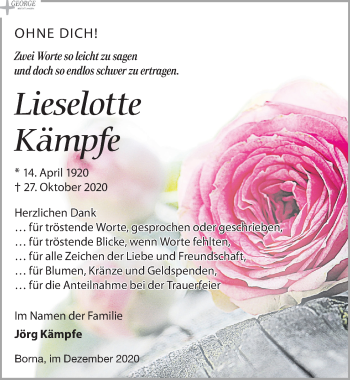 Traueranzeige von Lieselotte Kämpfe von Leipziger Volkszeitung