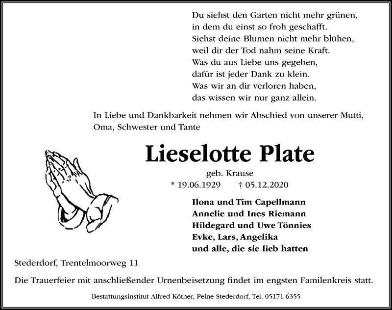  Traueranzeige für Lieselotte Plate vom 12.12.2020 aus Peiner Allgemeine Zeitung