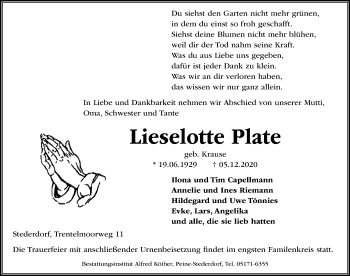 Traueranzeige von Lieselotte Plate von Peiner Allgemeine Zeitung