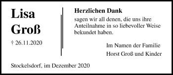 Traueranzeige von Lisa Groß von Lübecker Nachrichten