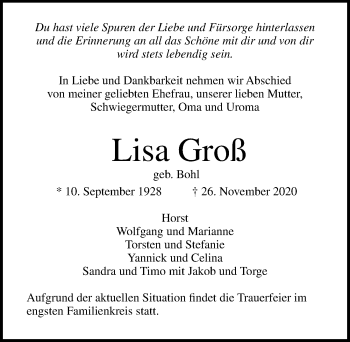 Traueranzeige von Lisa Groß von Lübecker Nachrichten