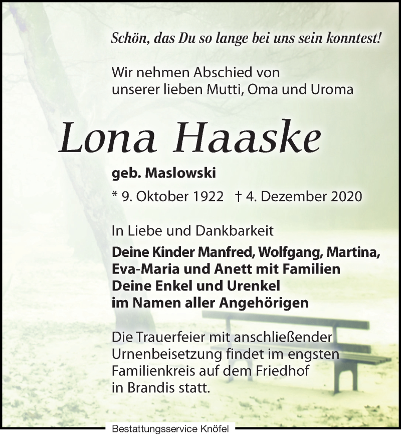  Traueranzeige für Lona Haaske vom 12.12.2020 aus Leipziger Volkszeitung