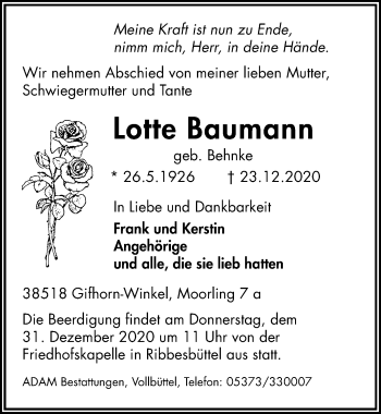 Traueranzeige von Lotte Baumann von Aller Zeitung