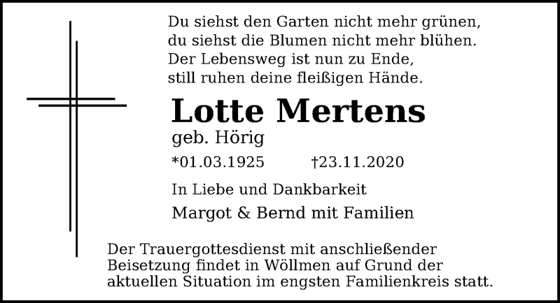  Traueranzeige für Lotte Mertens vom 05.12.2020 aus Leipziger Volkszeitung