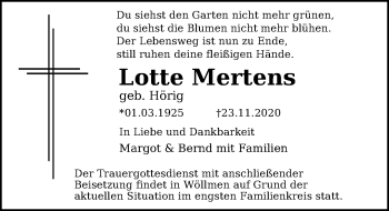 Traueranzeige von Lotte Mertens von Leipziger Volkszeitung