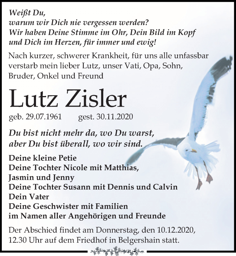  Traueranzeige für Lutz Zisler vom 05.12.2020 aus Leipziger Volkszeitung