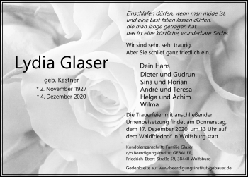 Traueranzeige von Lydia Glaser von Aller Zeitung