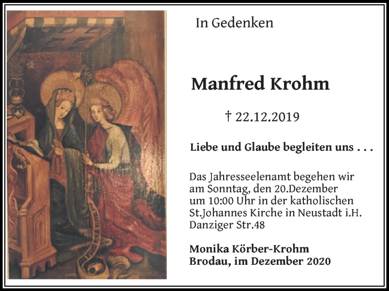  Traueranzeige für Manfred Krohm vom 18.12.2020 aus Lübecker Nachrichten