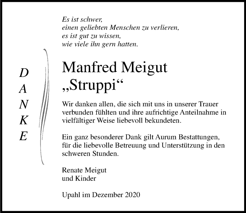  Traueranzeige für Manfred Meigut vom 12.12.2020 aus Ostsee-Zeitung GmbH