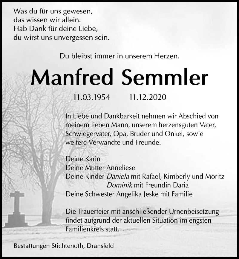  Traueranzeige für Manfred Semmler vom 19.12.2020 aus Göttinger Tageblatt