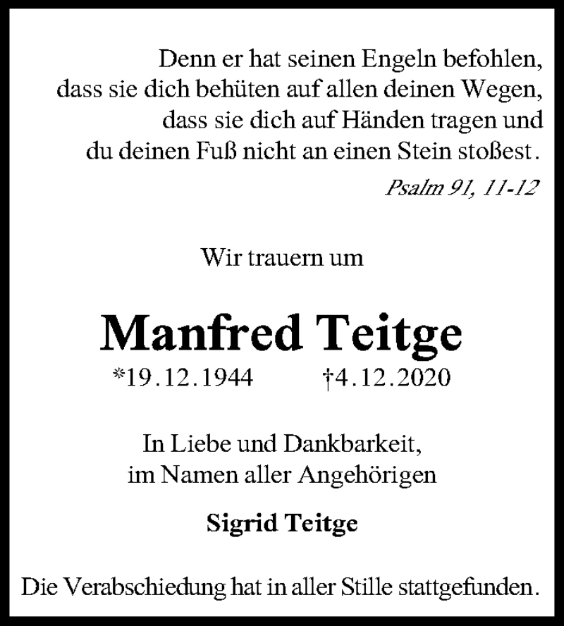  Traueranzeige für Manfred Teitge vom 19.12.2020 aus Hannoversche Allgemeine Zeitung/Neue Presse