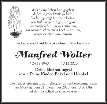 Traueranzeige von Manfred Wolter von Märkischen Allgemeine Zeitung