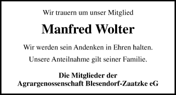 Traueranzeige von Manfred Wolter von Märkischen Allgemeine Zeitung