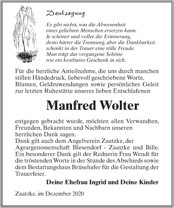 Traueranzeige von Manfred Wolter von Märkischen Allgemeine Zeitung