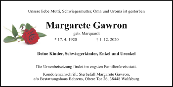 Traueranzeige von Margarete Gawron von Aller Zeitung