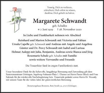 Traueranzeige von Margarete Schwandt von Göttinger Tageblatt