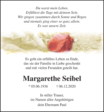 Traueranzeige von Margarethe Seibel von Märkischen Allgemeine Zeitung