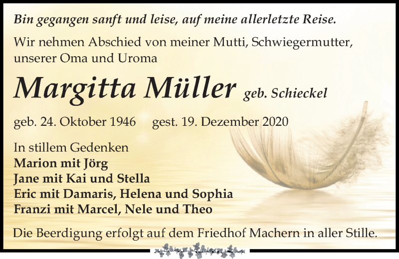 Traueranzeige für Margitta Müller vom 28.12.2020 aus Leipziger Volkszeitung