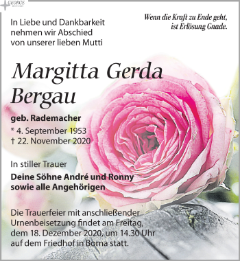 Traueranzeige von Margitta Gerda Bergau von Leipziger Volkszeitung