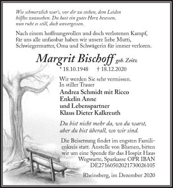 Traueranzeige von Margrit Bischoff von Märkischen Allgemeine Zeitung