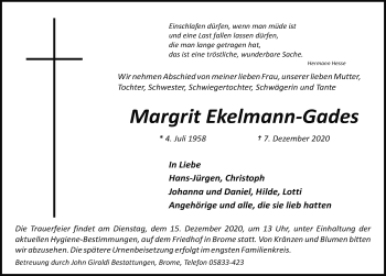 Traueranzeige von Margrit Ekelmann-Gades von Aller Zeitung