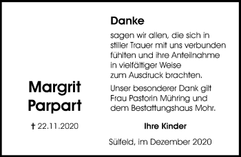 Traueranzeige von Margrit Parpart von Aller Zeitung