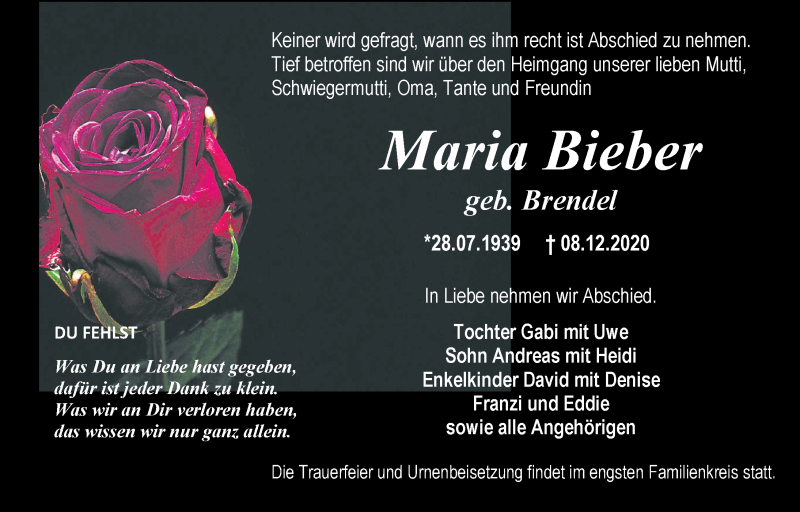  Traueranzeige für Maria Bieber vom 19.12.2020 aus Leipziger Volkszeitung