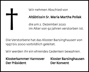 Traueranzeige von Maria Martha Pollak von Hannoversche Allgemeine Zeitung/Neue Presse